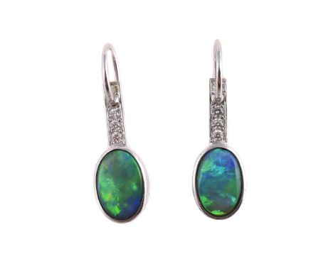 
	
		A PAIR OF DIAMOND AND OPAL DOUBLET EARRINGS 
		The opal doublet terminals below brilliant cut diamond accented batons, w