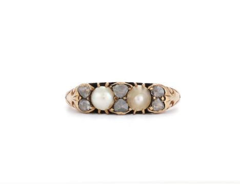 
	
		A LATE 19TH CENTURY HALF PEARL AND DIAMOND RING 
		Set with two half pearls between rose cut diamond two stone spacers, 