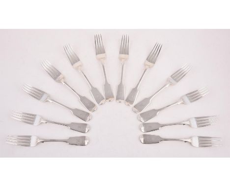 
	
		A SET OF TWELVE VICTORIAN SILVER FIDDLE PATTERN TABLE FORKS
		JOSIAH WILLIAM &amp; CO., EXETER 1857
		Engraved H
		21cm 
