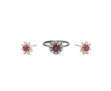 
	
		A PAIR OF DIAMOND AND RUBY CLUSTER EARRINGS AND A SIMILAR RING  
		The brilliant cut diamond and circular cut ruby clust