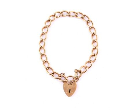 
	
		A 9 CARAT GOLD CURB LINK BRACELET 
		BIRMINGHAM 1958
		The solid open curb links to a heart shaped padlock clasp, with s