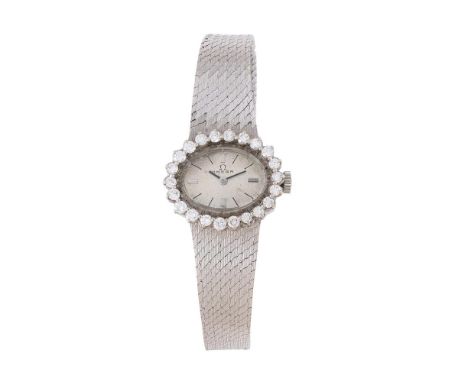 
	
		OMEGA
		A LADY&#39;S WHITE GOLD COLOURED AND DIAMOND BRACELET WATCH
		Movement: Cal. 485, manual wind, 17 jewels
		Case: