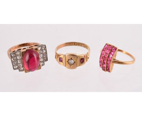 
	
		A COLLECTION OF THREE DRESS RINGS 
		To include a mid 20th century oval cabochon synthetic ruby and rose cut diamond dre