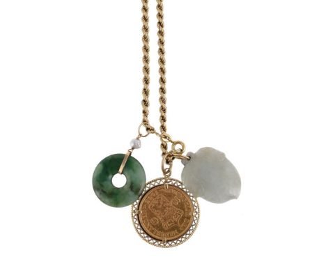 
	
		A ROPE TWIST CHAIN NECKLACE WITH A 10 GULDEN COIN PENDANT AND TWO JADE PENDANTS  
		The gold coloured rope twist chain s