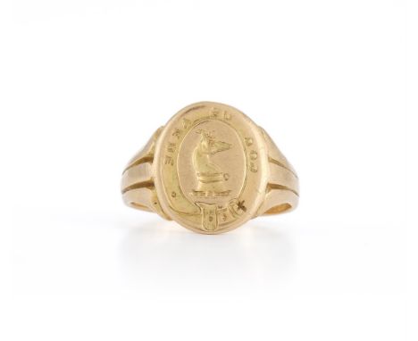 
	
		AN 18CT GOLD SIGNET RING
		BIRMINGHAM 1915
		The oval matrix with collared greyhound in garter inscribed with motto God 