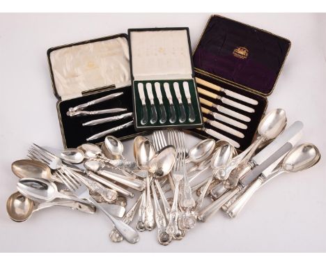 A COLLECTION OF SILVER FLATWARE To include: three Victorian Queen's pattern table spoons by William Eaton, London 1841, engra