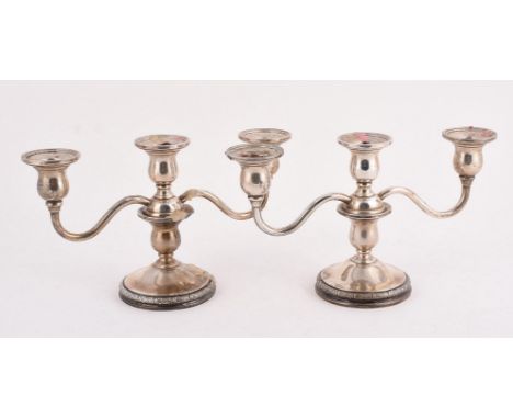 A PAIR OF AMERICAN SILVER COLOURED PRELUDE PATTERN THREE LIGHT CANDELABRA INTERNATIONAL SILVER CO., MERIDEN, CONNECTICUT With