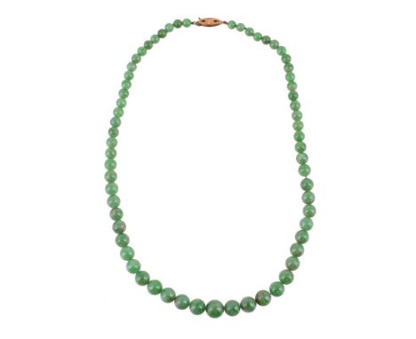 
	
		A GRADUATED JADEITE JADE BEAD NECKLACE 
		The graduated polished jadeite jade beads measuring 5.4-10mm diameter, to a ma
