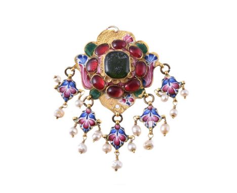 
	
		A 19TH CENTURY QAJAR POLYCHROME ENAMEL PENDANT 
		The shaped panel with the portrait of a lady on a blue ground, with lo