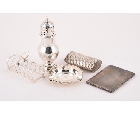 
	
		A COLLECTION OF SILVER ITEMS
		To include: a baluster castor by Ollivant &amp; Botsford, Birmingham 1935, with a bell sh