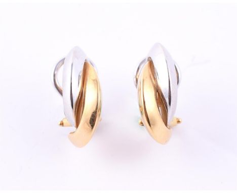 
	
		A PAIR OF BI-COLOUR 18 CARAT GOLD HOOP EARRINGS 
		The two polished interlocking hoops to stud and clip fittings, stampe