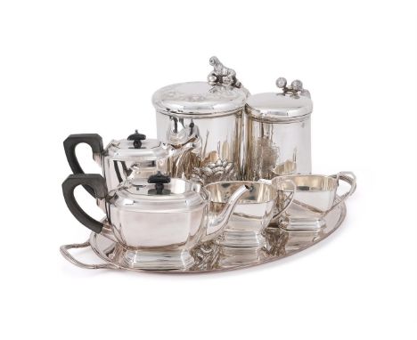 
	
		AN ELECTRO-PLATED FIVE PIECE TEA AND COFFEE SET
		ELKINGTON, 20TH CENTURY
		The tea and coffee pots with wooden finals a