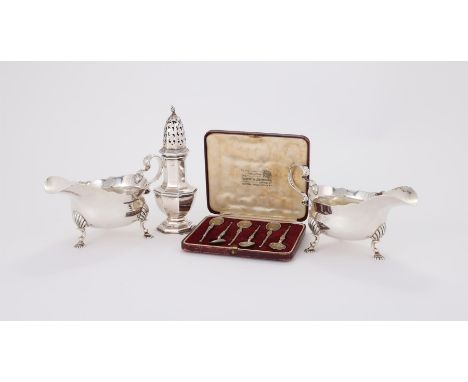 
	
		A COLLECTION OF SILVER ITEMS
		To include: a pair of shaped oval sauce boats by William Comyns &amp; Sons Ltd. (Richard 