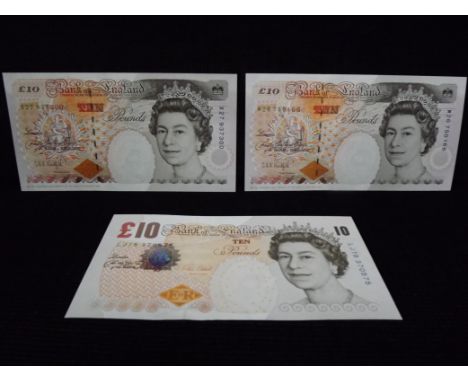 3 x Bank of England £10 Pound Notes. Possible light circulation on two. 1cm crease on bottom edge of hologram badge note and 