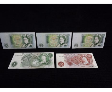 5 x GB Bank of England Currency Notes. 3 x Small size Uncirculated One Pound notes including 2 x with consecutive numbers DW 