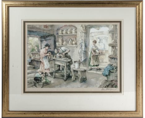 A framed print depicting a potter in a family scene signed Sturgeon 