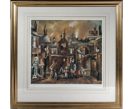 A gilt framed print depicting a street scene signed in pencil B J Gordon