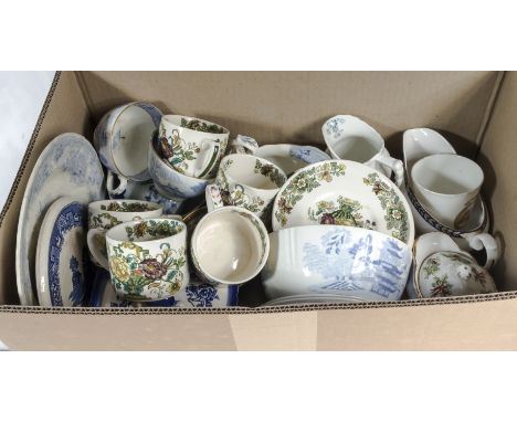 A box containing assorted pottery table ware including blue and white transfer print and Mason's