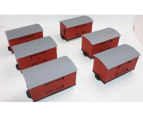 6 various 32mm scale balsawood kit-built box vans, comprising brown bodies with grey roofs, possibly Indian or Darjeeling Rai