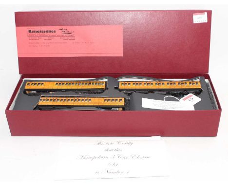 Renaissance Models (Roy Fearn) 3-rail 00 gauge Metropolitan 3-car EMU 12vDC. Printed paper sides on wooden bodies with metal 