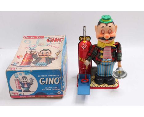 Tomiyama Rosko Toy boxed Gino Neapolitan Balloon Blower, tin printed trousers and t-shirt, black plastic shoes, check jacket 