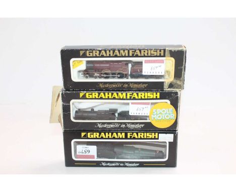 Three Farish N gauge locos &amp; tenders: GWR ‘Raveningham Hall’, green (E) in incorrect box; 1206 LMS 0-6-0 1118, black (F-B