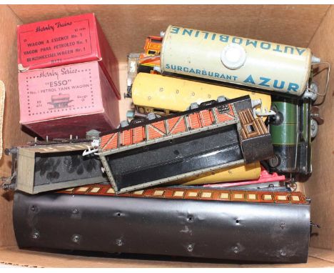 Box of mainly Hornby O gauge items: 3 x 4-wheel NE teak coaches; 8 tank wagons; NE goods brake; LMS open wagon with sheet rai