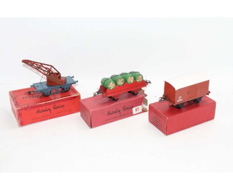 Three Hornby 0 gauge items: 1931-33 crane truck, plain, blue standard base, red lined brown jib, both couplings removed and n