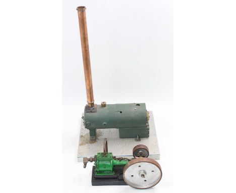 Scratchbuilt stationary steam engine item group, to include horizontal boiler with very large copper chimney, sold with a bas