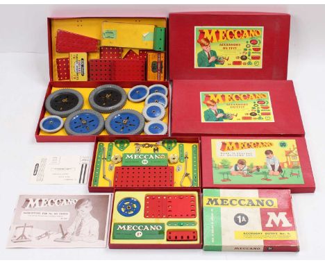 Large tray containing Meccano sets, post-war plain red or red/green boxes: No.3 set (windmill of lid), used but (VG-BG); anot