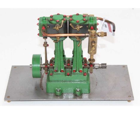 Stuart Turner D10 stationary marine engine comprising of twin-cylinder, suspended on A frames, with slip eccentric and slide 