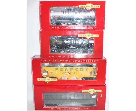 Four Bachmann Big Hauliers G gauge rolling stock: 93433 ‘Tidewater’ tank car; 93445 ‘Gramps’ tank car; 98229 ‘Peabody’ hopper