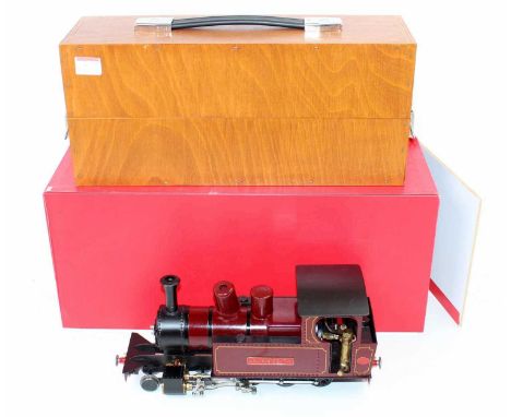 Accucraft 32mm scale gas-powered radio-controlled model of a 4-6-0 Hunslet locomotive, finished in maroon and named Lilian Ed