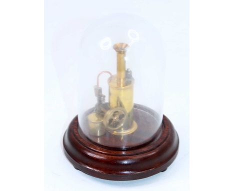 A miniature kit built model of a spirit fired single cyclinger vertical steam engine, height 8cm, and housed in a glass displ