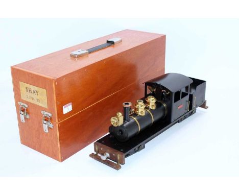 32mm scale kit built model of a gas powered "Shay" locomotive, finished in black and built to a high standard, named Beryl, s