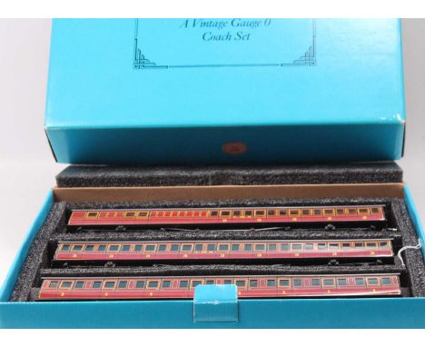 ACE Trains set of three C/1 LMS non-clerestory maroon bogie coaches comprising all/1st, all/3rd &amp; br/3rd. (E-BE)