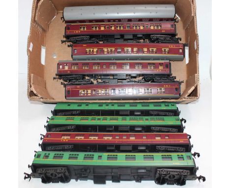 Nine Lima 0 gauge bogie coaches: 2 x LMS br/1st 5051 red; 4 x LMS 1st/3rd 15865 red; 2 x BR(S) 1st/2nd green S1297 and one BR