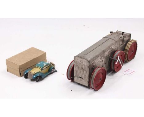 Louis Marx Tinplate and Clockwork six wheel tractor, finished in chrome, with 6 wheels, fixed key working mechanism, together
