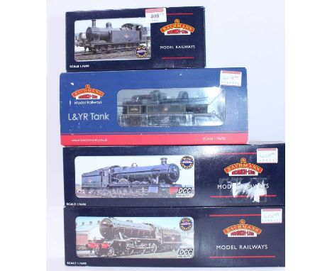 Four Bachmann Branchline locos: 32-225 3F Jinty 47410 BR black late crest; 31-167 L&amp;YR 2-4-2 tank BR black early crest, w