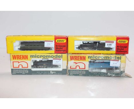 Four N gauge locos: Hornby Minitrix N204 diesel D5379 BR green (E-BE); Minitrix N202 2-6-0 loco &amp; tender 46400 black (E-B