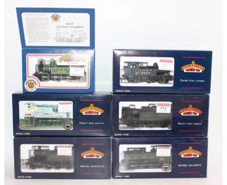 Five 00 gauge Bachmann Branchline tank &amp; one diesel shunter locos: 31-050 LNER J72 8680 green; 32-136 4575 Prairie 555 GW