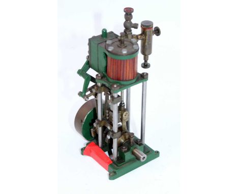 A miniature vertical stationary steam engine, comprising of single wooden clad cylinder, fitted with slip eccentric, displace