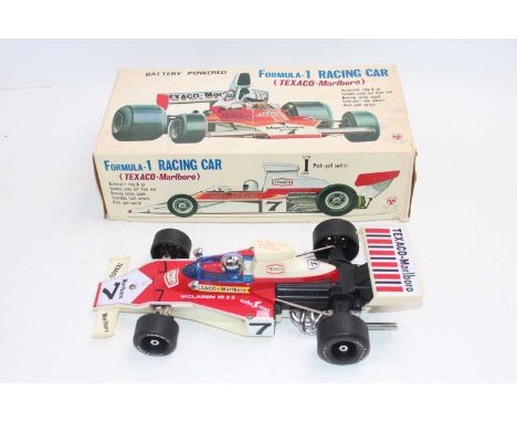 SON-AI (Taiwan) 12” long, Tinplate &amp; Plastic, Battery, SA150 McLaren M23 ‘Texaco-Marlboro’ #7 F1 inc Auto Stop’n Go, Exha