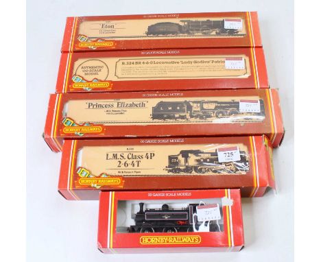 Five Hornby locos: R088 LMS 4P 2-6-4 tank lined black, rods weathered (VG-BF); R324 BR 4-6-0 ‘Lady Godiva’’ BR black, weather