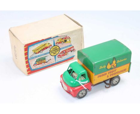 Wells Brimtoy tinplate and clockwork No. 714 Bedford Fruit and Vegetable Truck comprising tinplate and plastic cab in red and