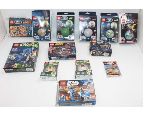 One box containing a quantity of LEGO Star Wars items to include various Planets, (Endor, Naboo, Death Star), Yoda key ring, 