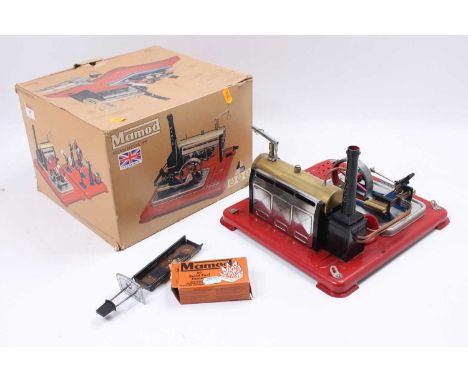 Mamod SP5 Steam Engine, comprising horizontal boiler with Mamod Chimney, powering a twin-cylinder horizontal engine, all rais