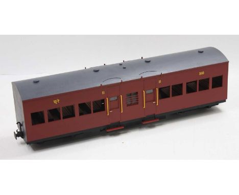 4 various 32mm scale balsawood and metal kit built Darjeeling Railway or East Indian Railway coaches, maker unknown, fully ho