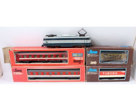 Five Lima Continental items: FS Bo-Bo electric loco with pantographs, grey &amp; blue (G); DB 1st class coach, red, white &am