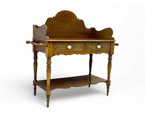 Victorian mahogany washstand, shaped raised gallery back and sides, rectangular top fitted with two frieze drawers with ceram